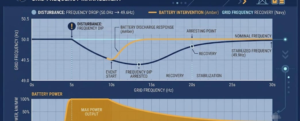 Fast Frequency Response in Battery Energy Storage Systems - SunLith Energy SunLith Energy Fast Frequency Response BESS stabilizing grid frequency graph