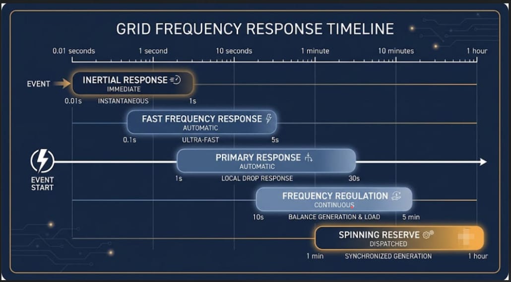 Grid Frequency Response Timeline Comparison - SunLith Energy SunLith Energy Comparison of inertial response, fast frequency response, and spinning reserve timing