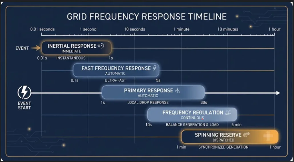 Comparison of inertial response, fast frequency response, and spinning reserve timing
