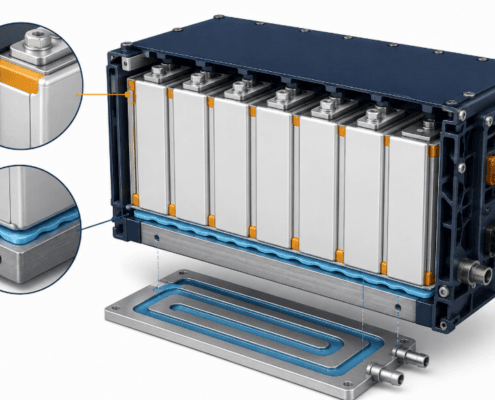 SunLith Energy Diagram of gluing cells in a battery pack showing thermal interface material and structural adhesive zones