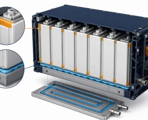 Gluing cells in a battery pack — thermal interface material vs structural adhesive - SunLith Energy SunLith Energy Diagram of gluing cells in a battery pack showing thermal interface material and structural adhesive zones