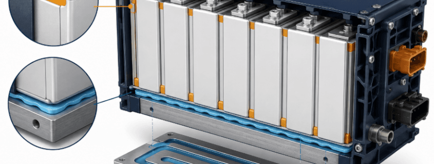 Diagram of gluing cells in a battery pack showing thermal interface material and structural adhesive zones