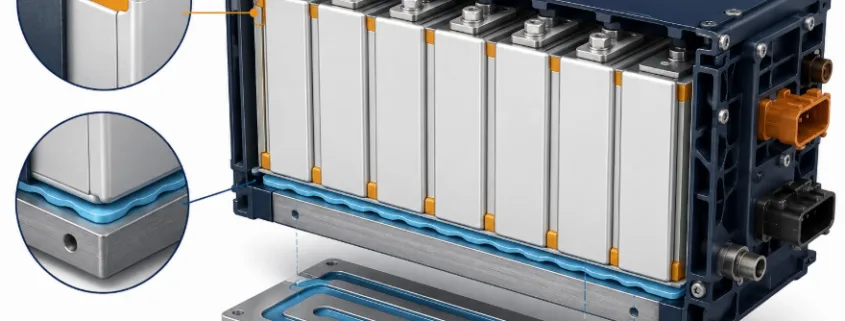 Diagram of gluing cells in a battery pack showing thermal interface material and structural adhesive zones