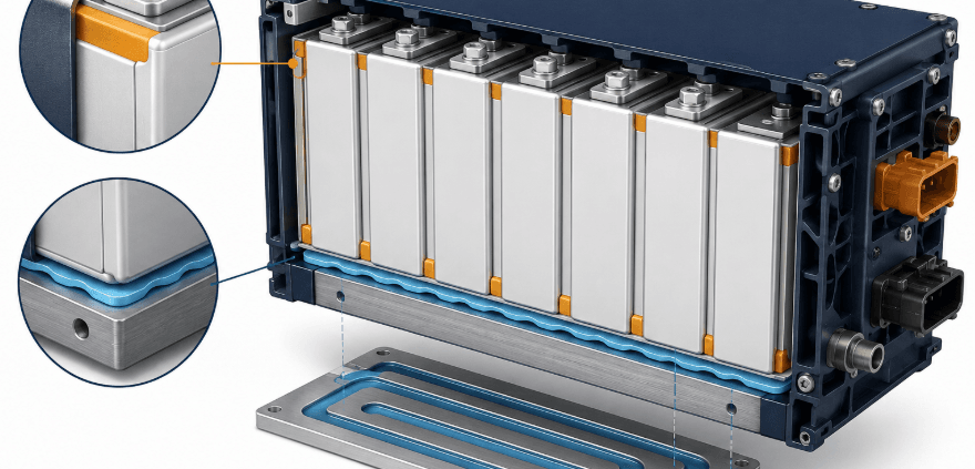 Gluing cells in a battery pack — thermal interface material vs structural adhesive - SunLith Energy SunLith Energy Diagram of gluing cells in a battery pack showing thermal interface material and structural adhesive zones