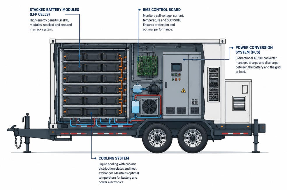 How a Mobile BESS Works: Components Explained - SunLith Energy SunLith Energy Cutaway diagram of Mobile BESS components including battery modules and PCS