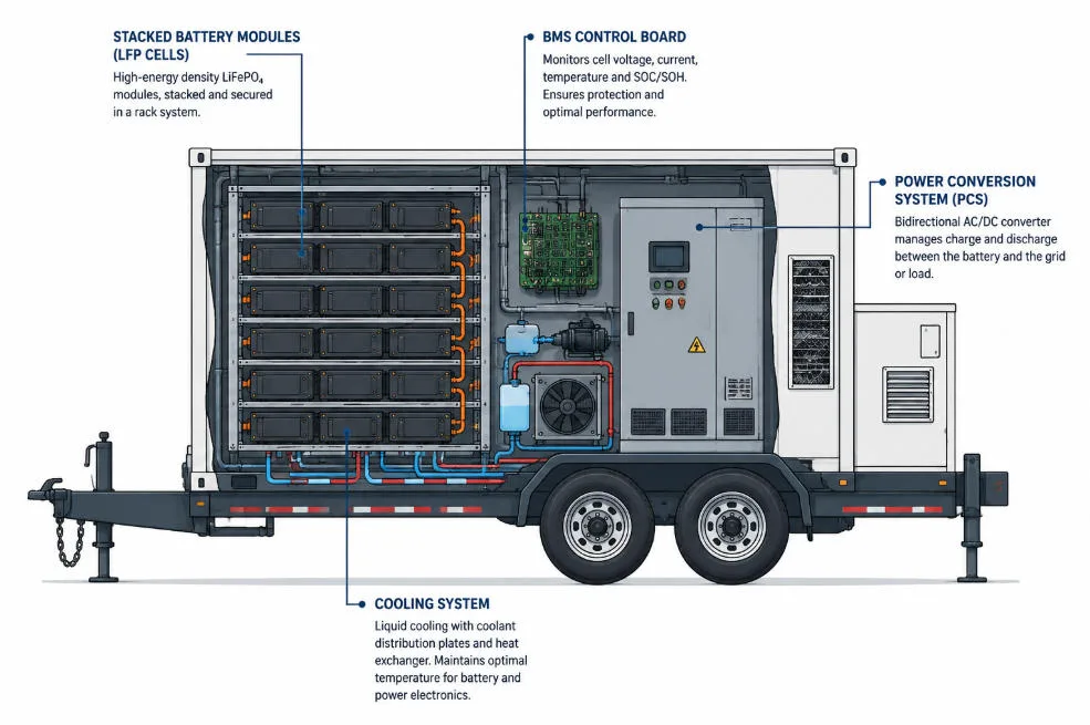 Cutaway diagram of Mobile BESS components including battery modules and PCS