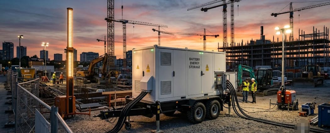 SunLith Energy Mobile BESS trailer deployed on a construction site providing temporary power