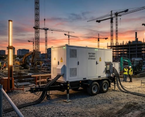 SunLith Energy Mobile BESS trailer deployed on a construction site providing temporary power
