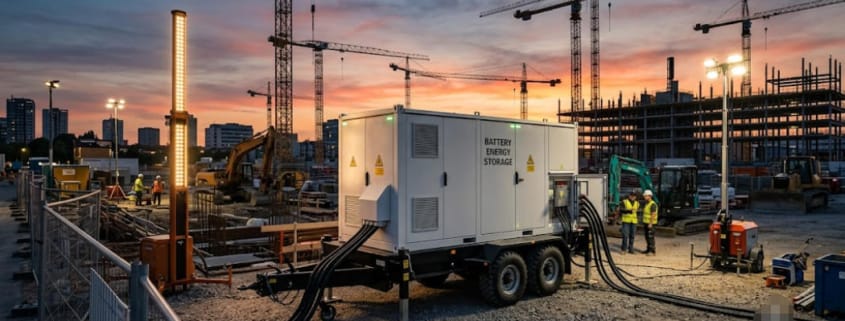 Mobile BESS: The Complete Guide to Trailer-Mounted Battery Storage - SunLith Energy SunLith Energy Mobile BESS trailer deployed on a construction site providing temporary power