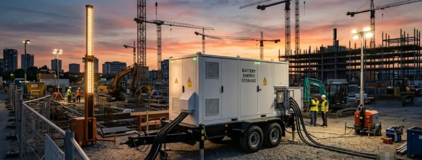 SunLith Energy Mobile BESS trailer deployed on a construction site providing temporary power