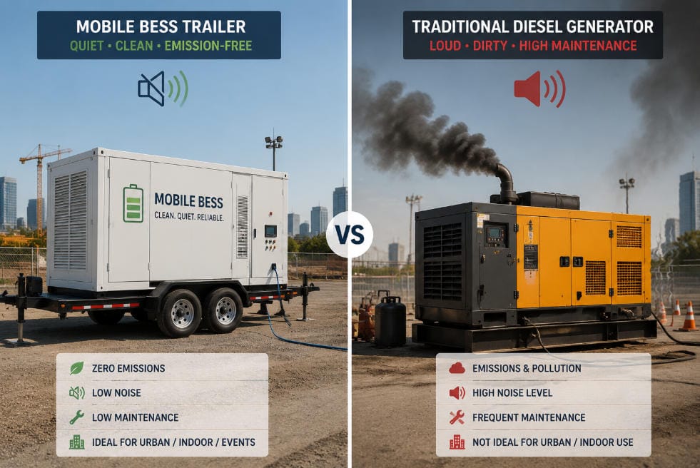 BESS vs. Diesel Generator - SunLith Energy SunLith Energy Mobile BESS versus diesel generator comparison for temporary power