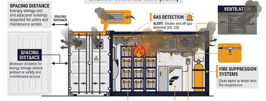 Diagram of NFPA 855 requirements for battery energy storage system installation.