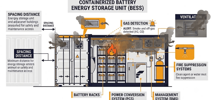 NFPA 855 Compliance Overview Diagram - SunLith Energy SunLith Energy Diagram of NFPA 855 requirements for battery energy storage system installation.