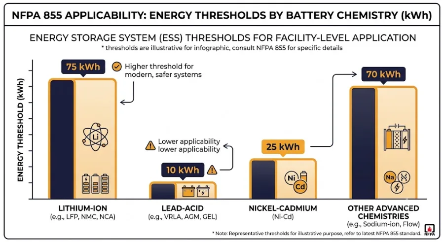 Chart showing NFPA 855 energy thresholds for lithium-ion and lead-acid batteries