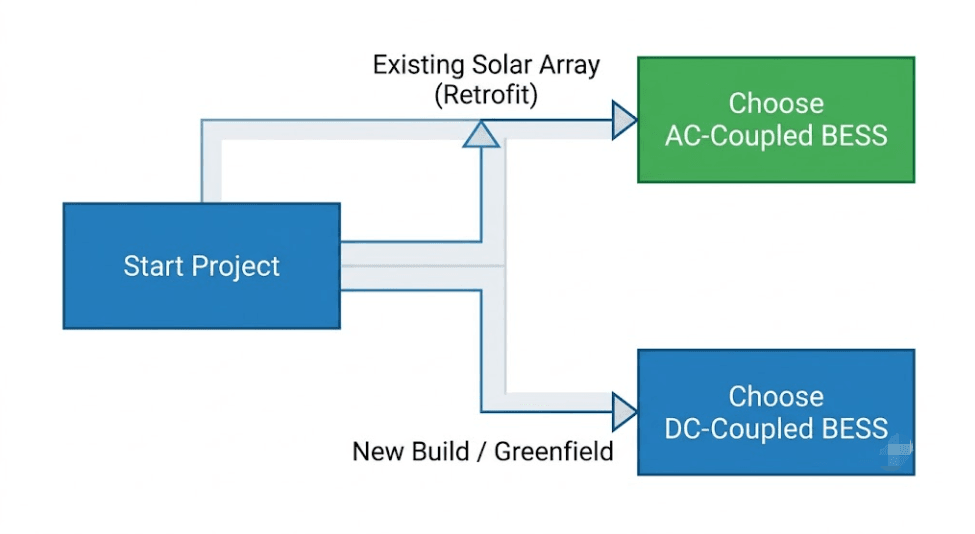 A simplified flowchart illustrating the project decision timeline, showing that existing solar arrays usually require AC-coupled BESS (retrofit), while new builds support DC-coupled BESS (greenfield)