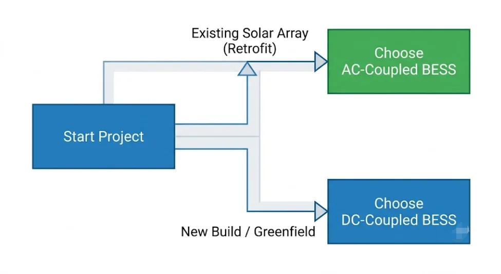 A simplified flowchart illustrating the project decision timeline, showing that existing solar arrays usually require AC-coupled BESS (retrofit), while new builds support DC-coupled BESS (greenfield)