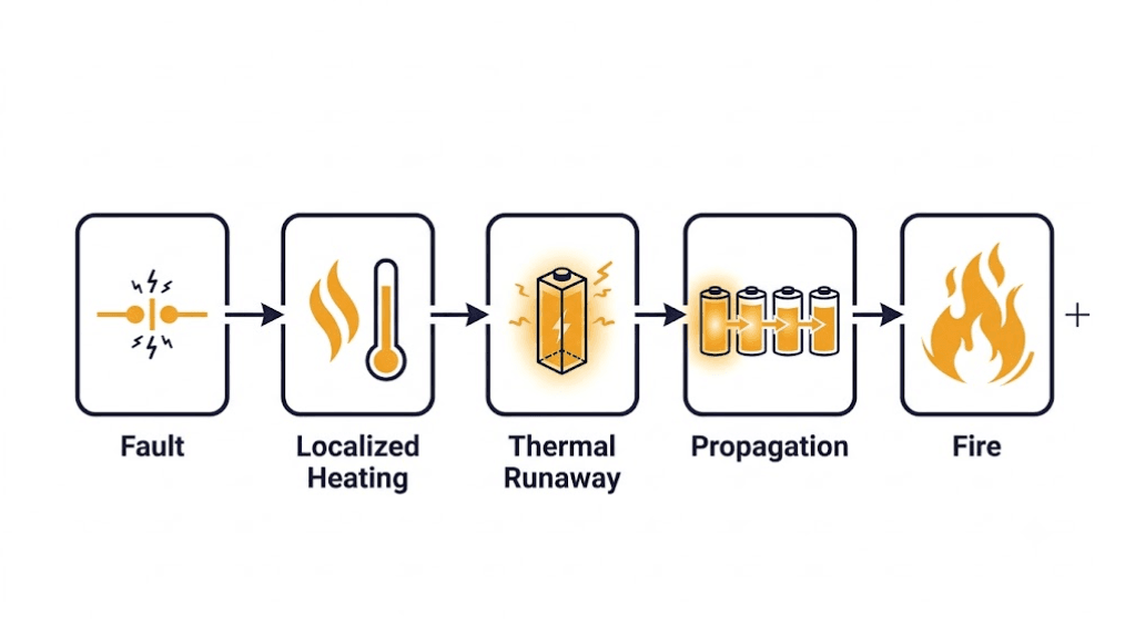 From Short Circuit to Thermal Runaway: The Fault Chain - SunLith Energy SunLith Energy Diagram showing the chain from short circuit fault to thermal runaway to fire propagation