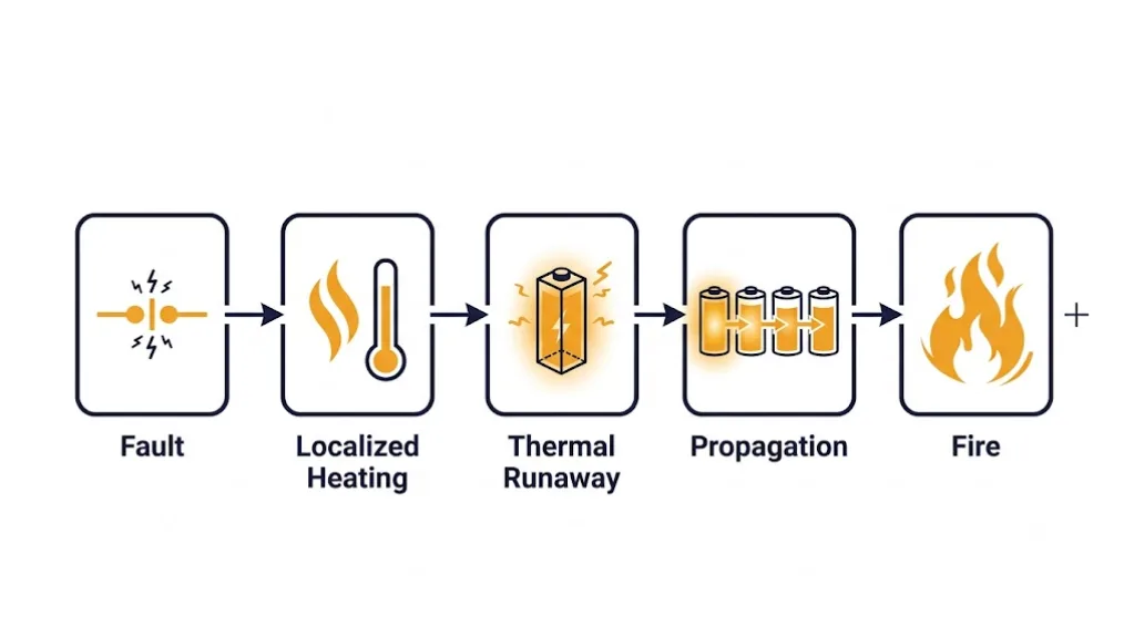 Diagram showing the chain from short circuit fault to thermal runaway to fire propagation