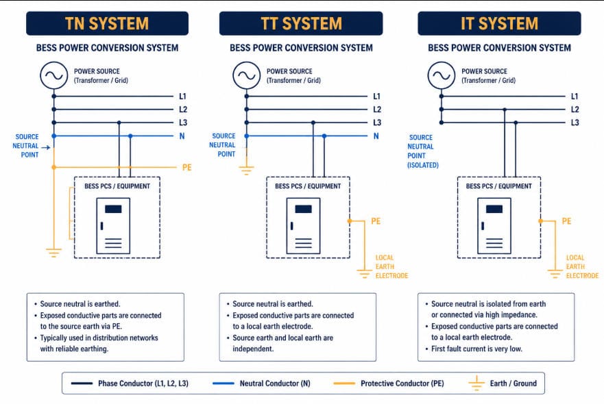 TN, TT, and IT earthing system comparison for a BESS grounding system