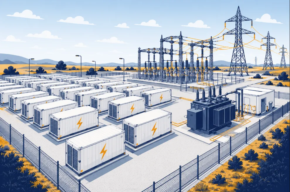 Utility-scale BESS site interconnected to high-voltage transmission grid