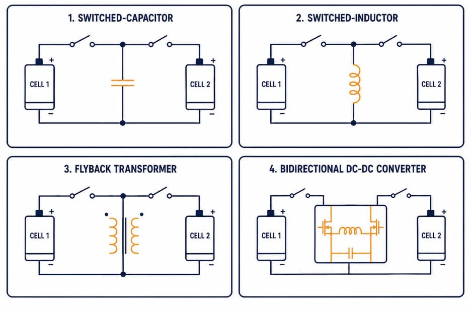 SunLith Energy Diagram comparing switched-capacitor, switched-inductor, transformer, and DC-DC converter active balancing circuits