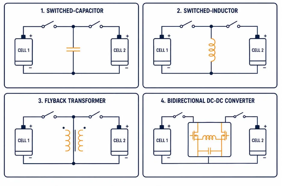 Diagram comparing switched-capacitor, switched-inductor, transformer, and DC-DC converter active balancing circuits