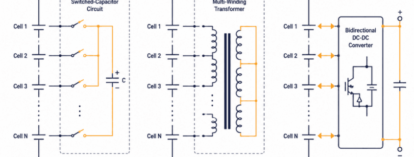 active balancing hardware topologies comparison diagram showing switched-capacitor, transformer, and DC-DC converter circuits