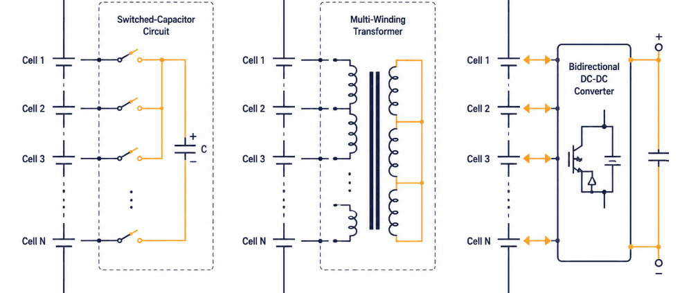 Below the intro, above the Quick Answer callout - SunLith Energy SunLith Energy active balancing hardware topologies comparison diagram showing switched-capacitor, transformer, and DC-DC converter circuits