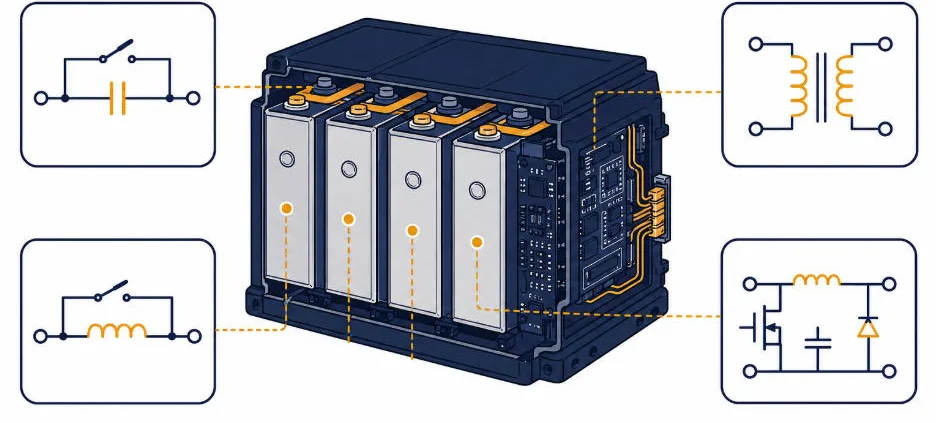 Active Balancing Topologies Compared - SunLith Energy SunLith Energy Active balancing topologies compared showing switched-capacitor, inductor, and transformer circuits for BESS