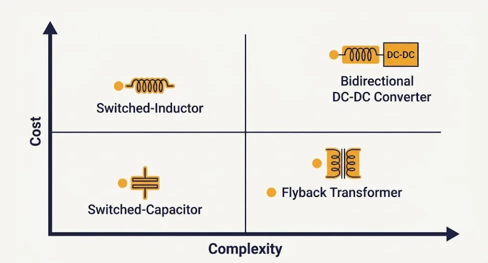 Chart comparing cost and complexity across active balancing topologies for BESS