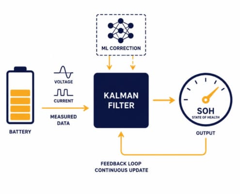 Advanced SOH Estimation for BESS: Kalman and ML Methods - SunLith Energy SunLith Energy Advanced SOH estimation BESS Kalman filter and machine learning correction loop