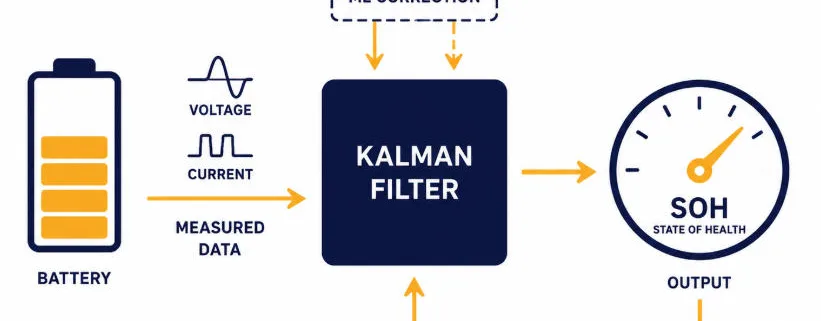 Advanced SOH Estimation for BESS: Kalman and ML Methods - SunLith Energy SunLith Energy Advanced SOH estimation BESS Kalman filter and machine learning correction loop