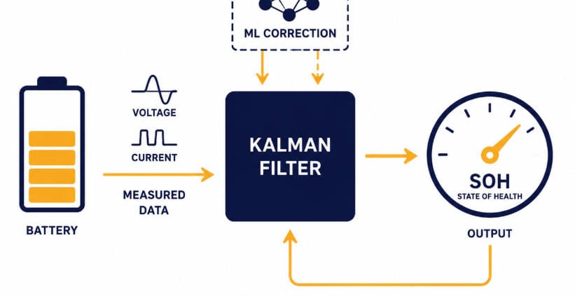 Advanced SOH Estimation for BESS: Kalman and ML Methods - SunLith Energy SunLith Energy Advanced SOH estimation BESS Kalman filter and machine learning correction loop