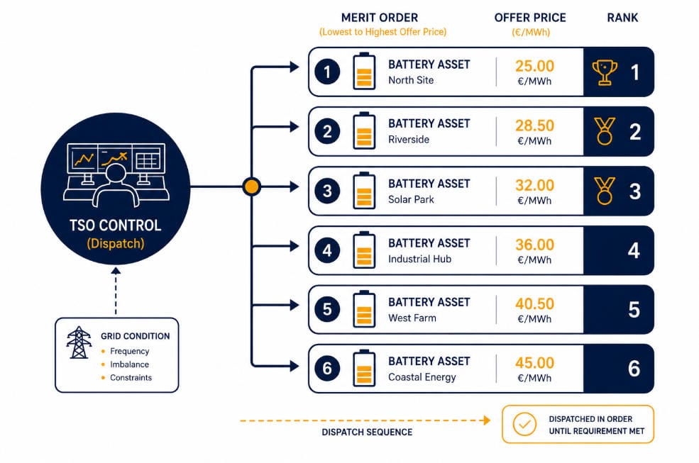Frequency Restoration Reserve dispatch flowchart showing TSO control sending setpoints to six ranked battery assets ordered by lowest offer price