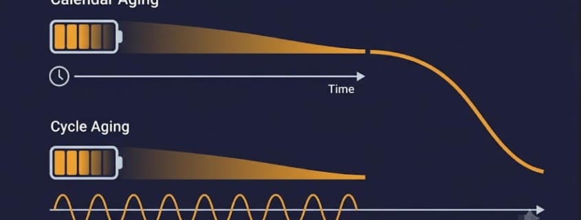 Battery Degradation in BESS — Calendar and Cycle Aging - SunLith Energy SunLith Energy Battery degradation in BESS shown as calendar aging and cycle aging pathways