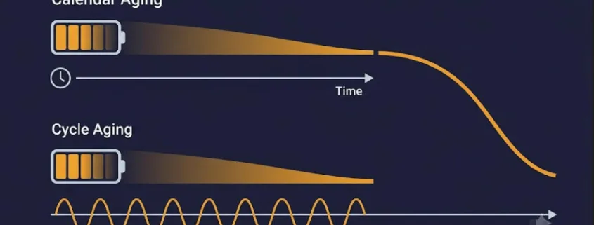 Battery degradation in BESS shown as calendar aging and cycle aging pathways