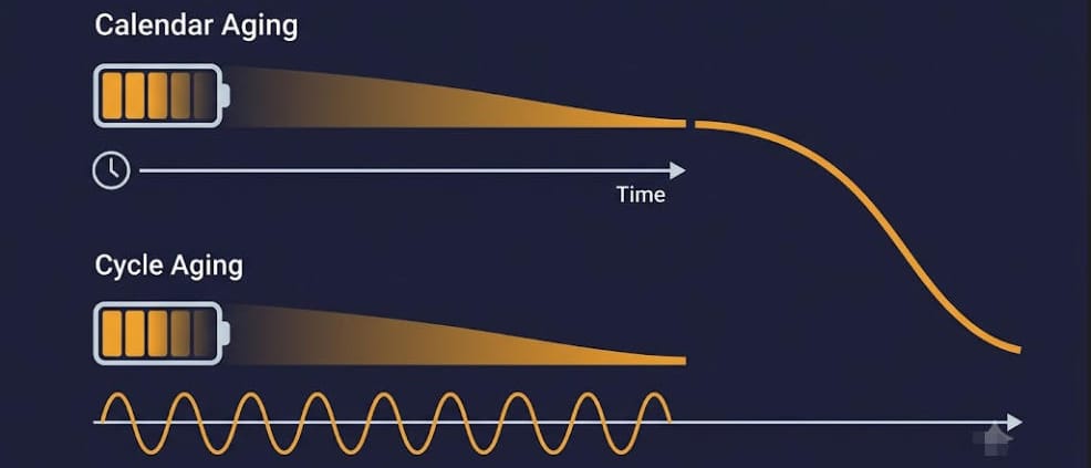 Battery Degradation in BESS — Calendar and Cycle Aging - SunLith Energy SunLith Energy Battery degradation in BESS shown as calendar aging and cycle aging pathways