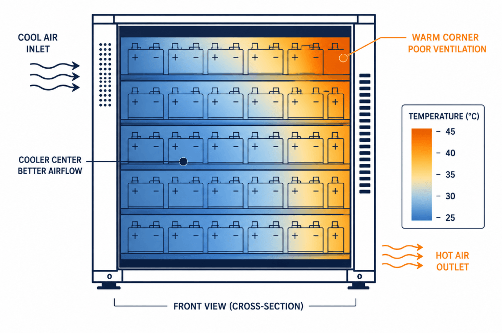 Battery Rack Thermal gradient - SunLith Energy SunLith Energy Rack cross-section showing a thermal gradient across a battery pack corner versus the center