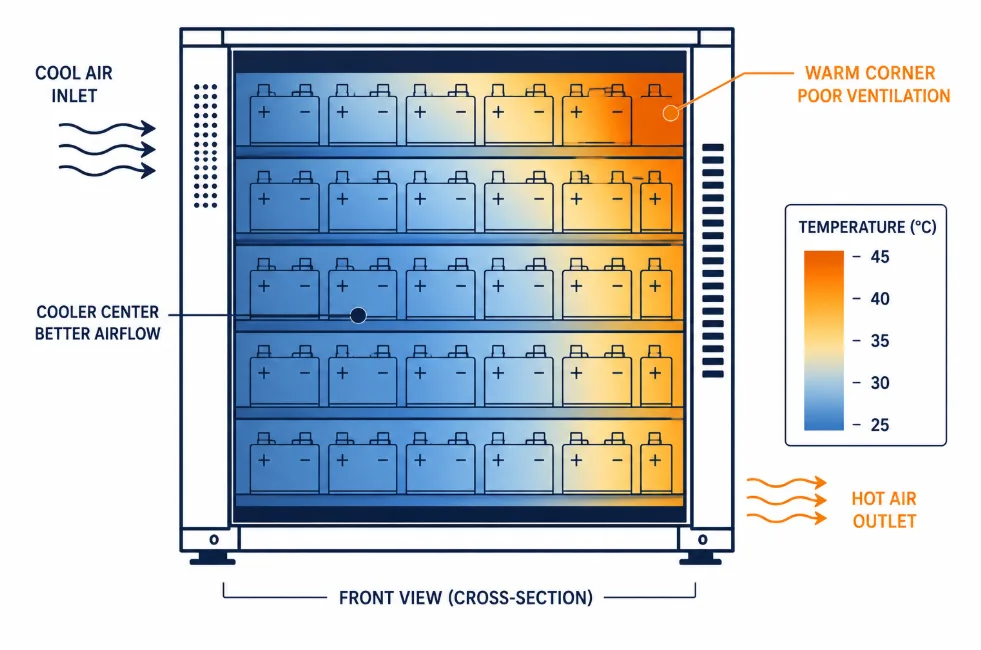 Rack cross-section showing a thermal gradient across a battery pack corner versus the center