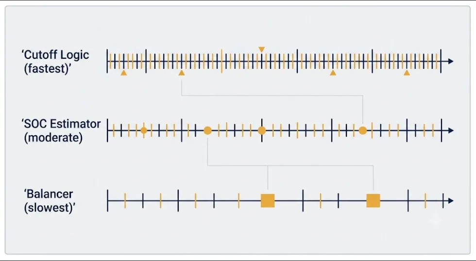 SunLith Energy Timeline diagram showing different update rates for cutoff logic, SOC estimation, and balancing in a shared BMS architecture