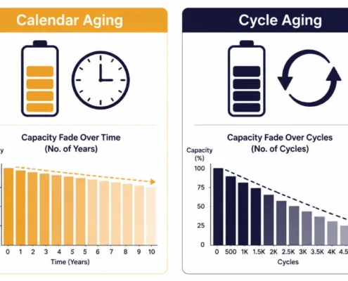 SunLith Energy Calendar aging vs cycle aging shown as two separate degradation timelines in LFP batteries