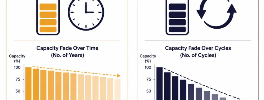 Calendar aging vs cycle aging shown as two separate degradation timelines in LFP batteries