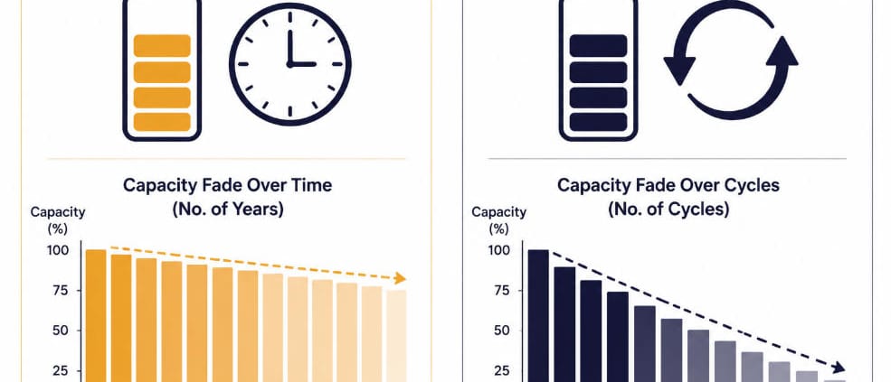Calendar Aging vs Cycle Aging in LFP Batteries - SunLith Energy SunLith Energy Calendar aging vs cycle aging shown as two separate degradation timelines in LFP batteries