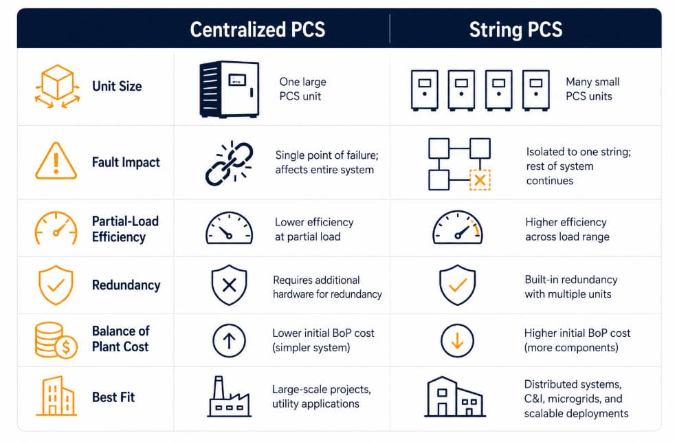 String vs Centralized BESS comparison table
