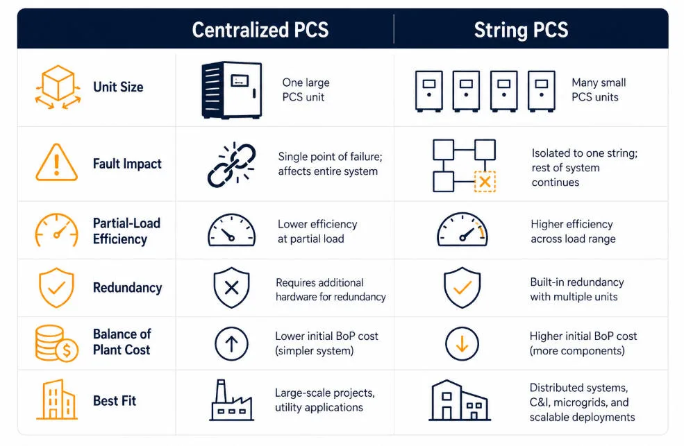 Centralized vs String PCS Comparison Chart - SunLith Energy SunLith Energy String vs Centralized BESS comparison table