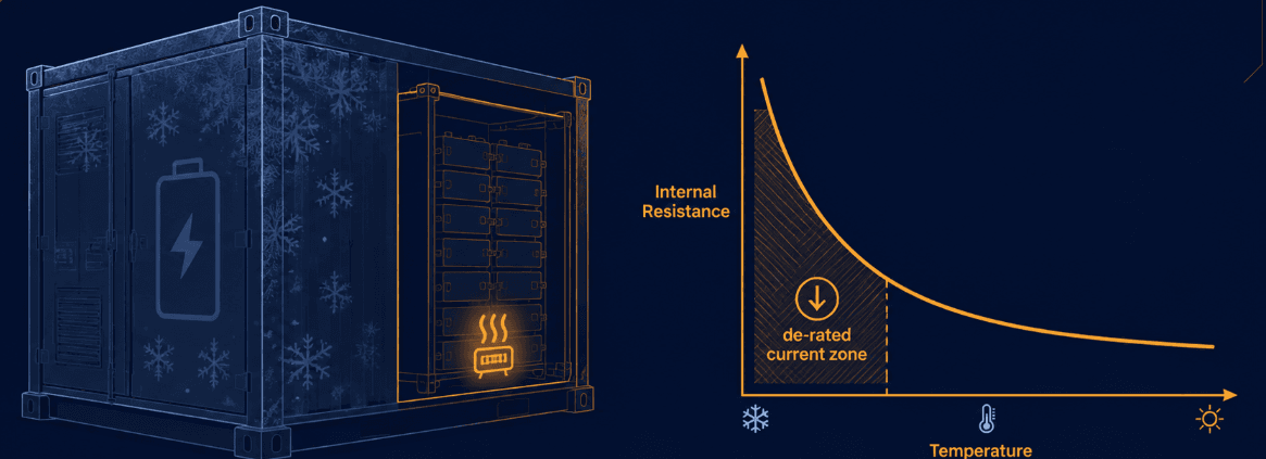 Cold-Climate BESS Design: Discharge-Side DCIR and Premature Cutoffs - SunLith Energy SunLith Energy Cold-climate BESS design — LFP pack in an insulated enclosure showing internal resistance rising as temperature drops