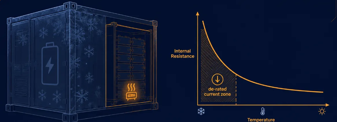 SunLith Energy Cold-climate BESS design — LFP pack in an insulated enclosure showing internal resistance rising as temperature drops