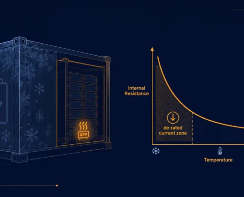 SunLith Energy Cold-climate BESS design — LFP pack in an insulated enclosure showing internal resistance rising as temperature drops