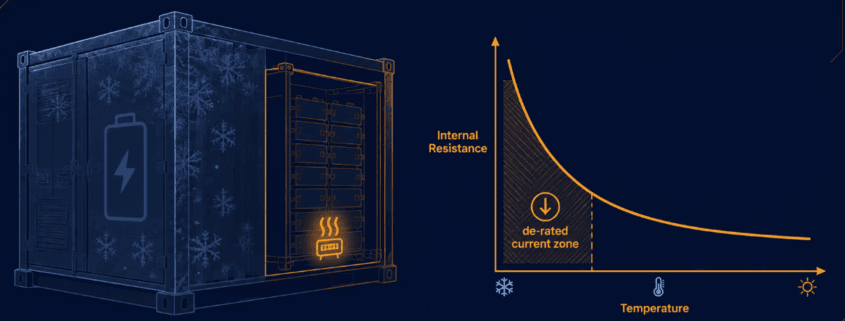 Cold-Climate BESS Design: Discharge-Side DCIR and Premature Cutoffs - SunLith Energy SunLith Energy Cold-climate BESS design — LFP pack in an insulated enclosure showing internal resistance rising as temperature drops