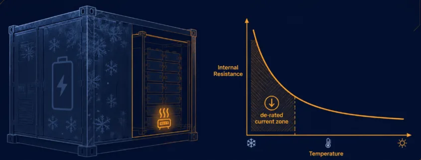 Cold-climate BESS design — LFP pack in an insulated enclosure showing internal resistance rising as temperature drops